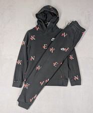 Nike Boys Hoodie M Joggers L Black Red All Over Logo Swoosh Tracksuit Set Fleece