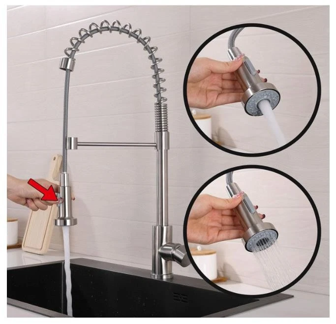 Grifo de fregadero de cocina de acero inoxidable de una sola manija Mueller arco alto, palanca simple Foto 2 de 4