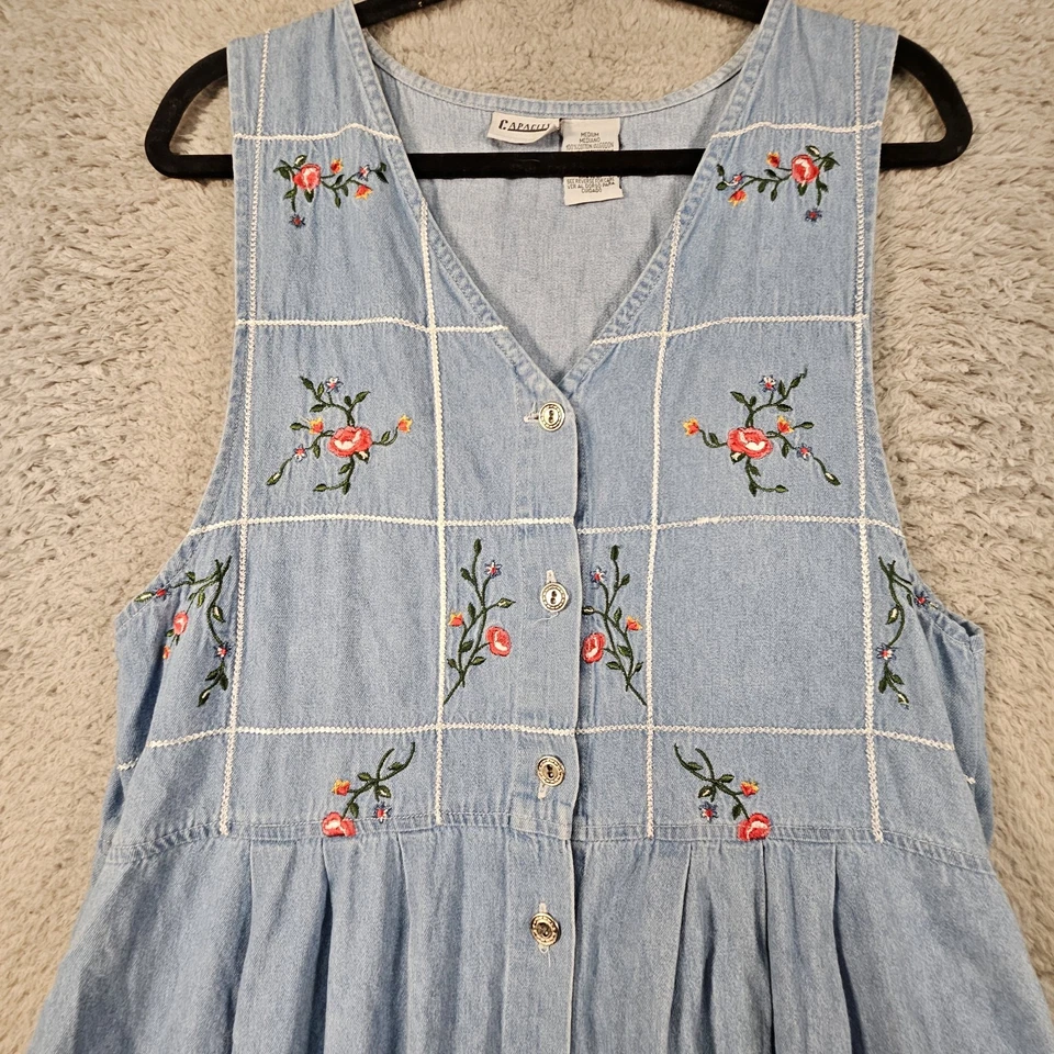 Vtg Denim Midi Dress Sz M Blue jean Floral Modest Button Up 90s Cottagecore Y2K - Image 4 of 4