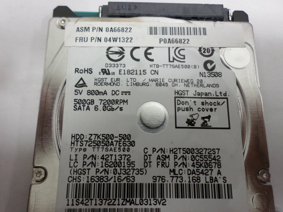 HGST 500GB 7200RPM 2.5" SATA Laptop Hard Drive HTS725050A7E630 P/N: 0J32735 - Image 2 of 4