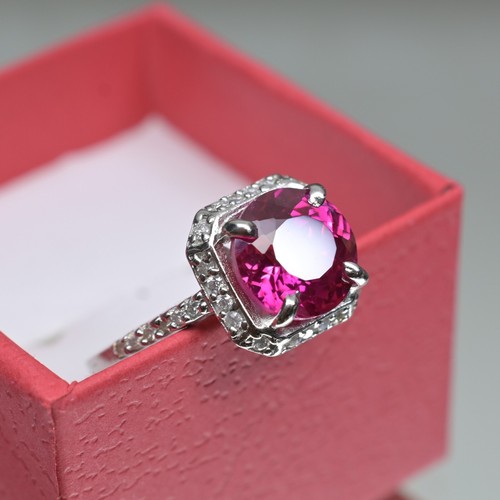 Natural 10mm Pink Sapphire Ring | Certified 925 Silver | Moissanite Accent Stone - Picture 2 of 10