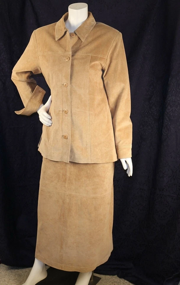 ATELIER Brandon Thomas Beige Solid Genuine Suede Women Maxi Skirt Suit Size M 8 - Image 3 of 4