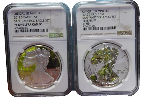 2012 S  SILVER EAGLES REVERSE PF69 PF69 ULTRA CAMEO NGC 2COIN SET