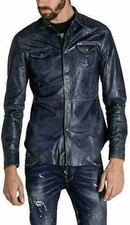 Trendy New Men's Navy Blue Leather Shirt Pure Lambskin Leather Shirt Custom Made