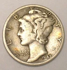 1942 D Mercury Winged Head Dime 10 Cents Silver Coin VF
