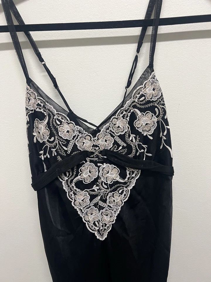 Maxi Vestido Sin Mangas Vintage Negro Satinado Encaje Bruja Capricho Coqueta Vestido Talla L Foto 4 de 4