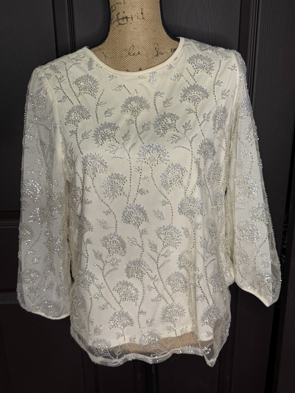 Adrianna Papell Lace Blouse Cream 3/4 Sleeve Fairy Boho Career Office Size Small