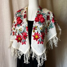 Vintage Russian Challis Floral Fringe Shawl Scarf Cottagecore Folk 37x35