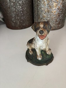 Vintage Antique Painted Small Dog Door Stop Terrier? Cast Iron Brown White Puppy
