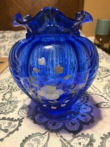 Fenton Art # 383 Glass Cobalt Blue Hand-painted Vase Signed by Artist