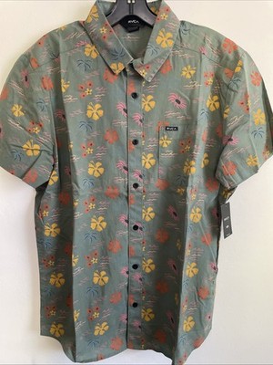 New RVCA Sport Designer Street Style Button Font Short Sleeve Shirt Size M