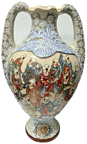 Antique Japanese Satsuma Moriage Vase 13” Hand Painted Figural Scene Double Hand