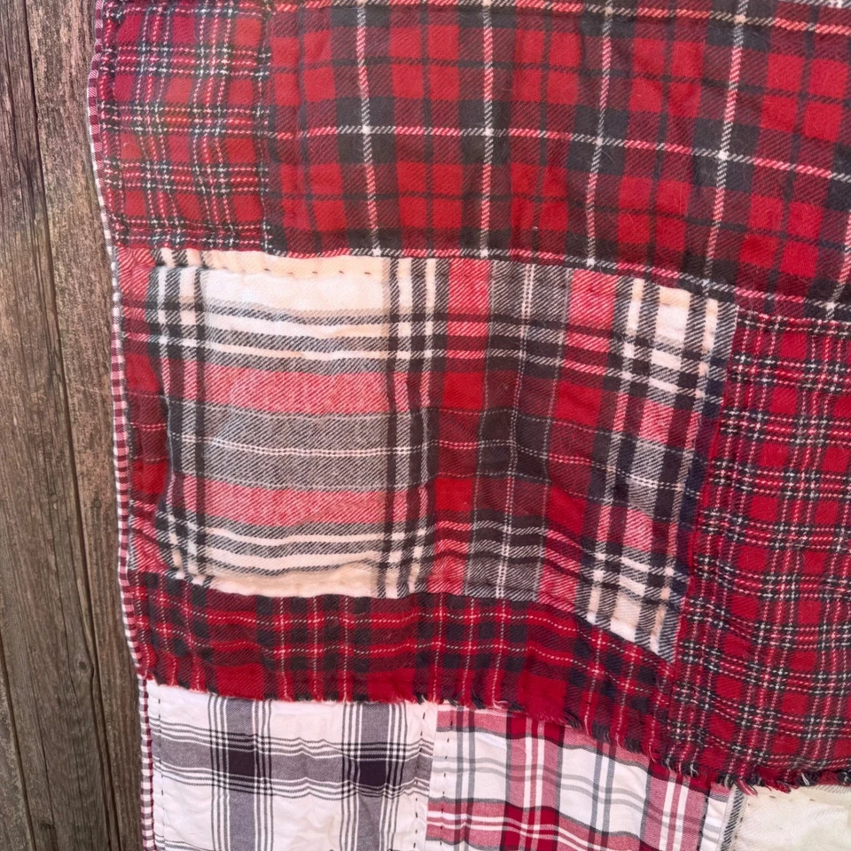 Pottery Barn Cozy Plaid Patchwork King Quilt 85 x 78 Flannel Blanket Red Cream - Image 2 of 4