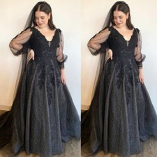 Gothic Black Wedding Dresses Long Sleeves V-neck Lace Applique Bridal Gowns