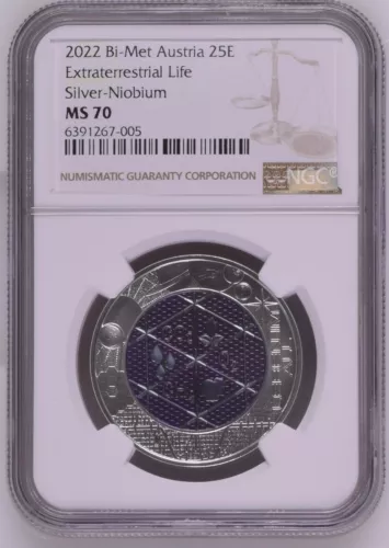 NGC MS70 Austria 2022 Extraterrestrial Life Silver-Niobium Bi-Met 25 Euro Coin