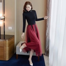 Two Pieces Dress Black Top Sweater Red Dress