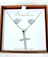 MIA SARINE STERLING SILVER 2 PC SET CRYTALS CROSS CHAIN NECKLACE,STUD EARRINGS