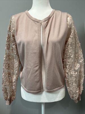 Siani Milano Soft Mauve Cardigan Sweater Size S Floral Lace & Pearl Sleeves NEW