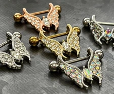 PAIR Crystal Gem Paved Butterfly Dangle Nipple Rings Shields Body Jewelry