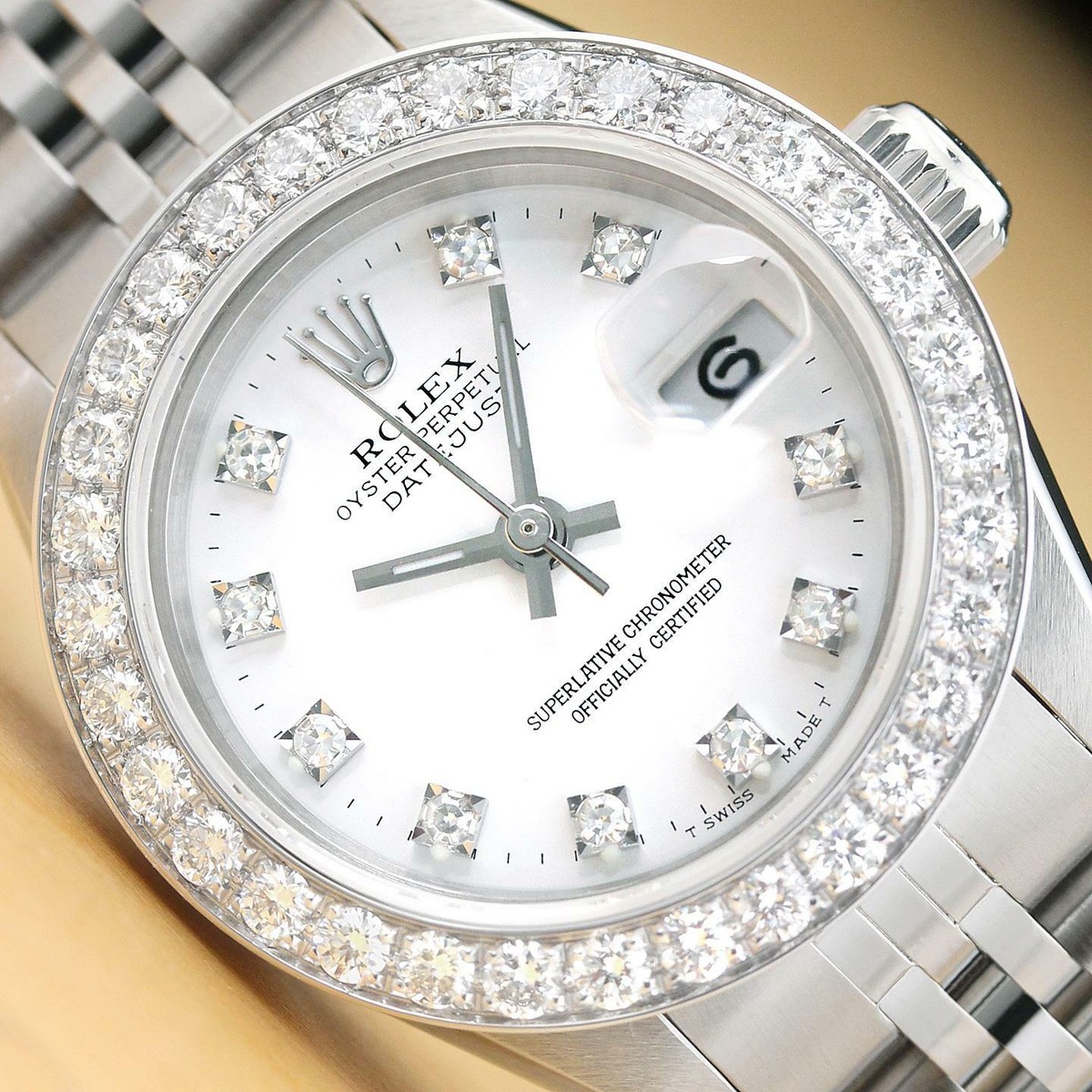LADIES ROLEX DATEJUST 69174 WHITE FACTORY DIAMOND 1.1 CT BEZEL 18K