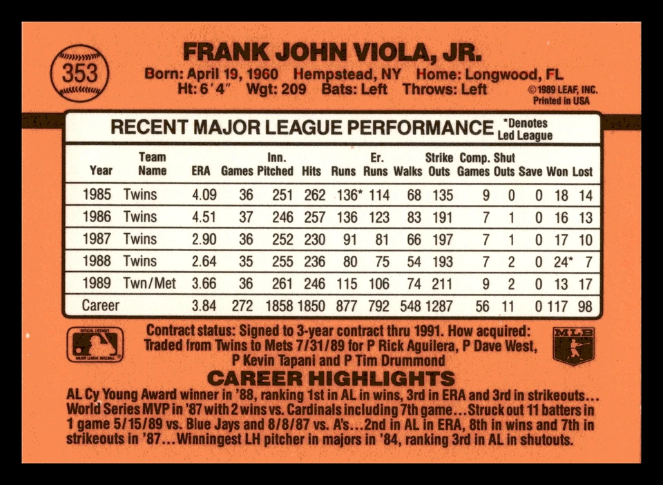1990 Donruss Frank Viola New York Mets #353 Centered Mint - Image 2 of 2