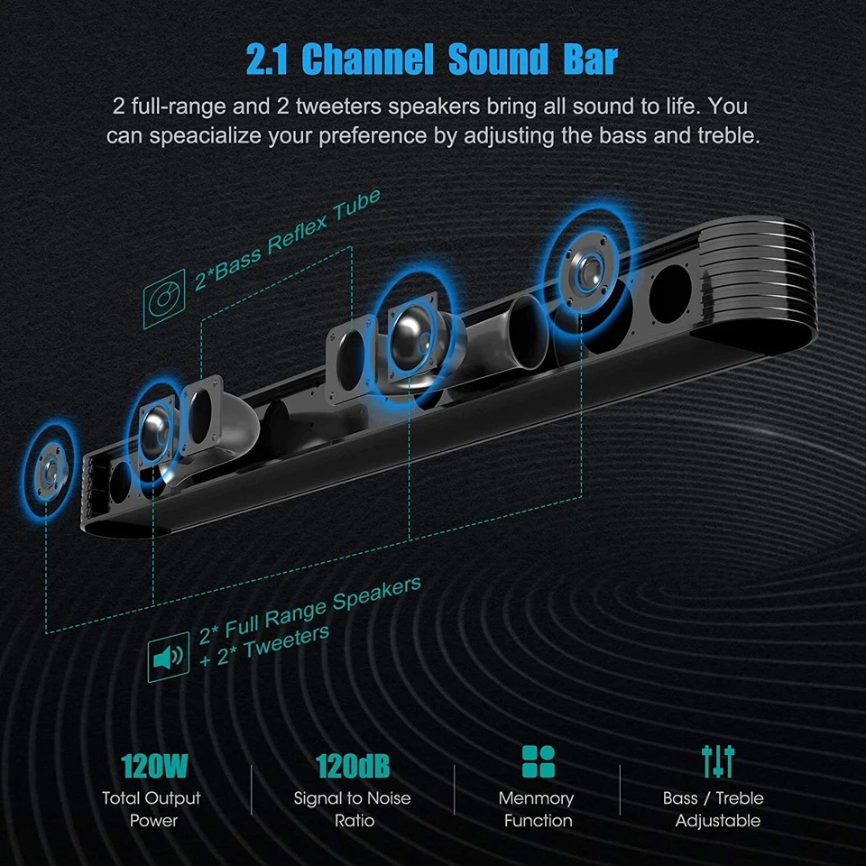 25 Inch TV Soundbar with Subwoofer 120W 2.1CH 27 Inch Bluetooth Optical/Aux/USB - Image 2 of 4