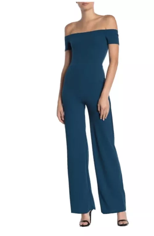 Velvet Torch Womens Jumpsuit Blue Stretch Off Shoulder Short Sleeve M New