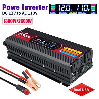 1300W 2600W Power Inverter 12V To 110V Car Converter LCD Display 2USB 2AC Black