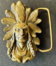 VINTAGE 1974 BRASS NATIVE AMERICAN INDIAN HEAD STYLE BELT BUCKLE J-60