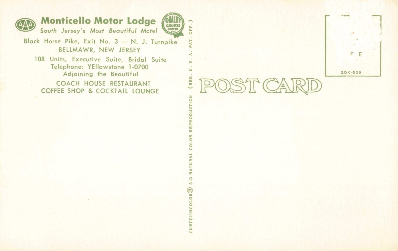 Bellmawr New Jersey, Monticello Motor Lodge Motel Advertising, Vintage
