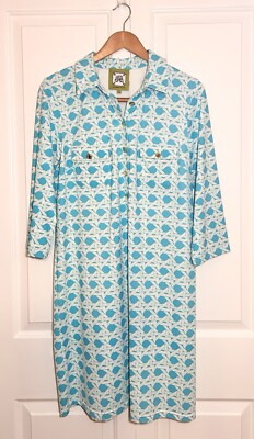 Elizabeth McKay Alexia Printed Teal Shirt Dress w/ Gold Buttons (Size L)