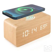Modern Wooden Wood Digital LED Desk Alarm Clock Thermometer Qi Wireless Charger