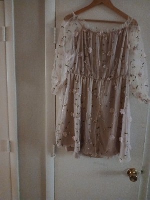 Women's Beige Floral Embroidered Mesh Sheer 3/4  Sleeve Mini Dress  SIZE IS 2X