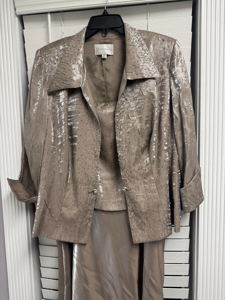 Vestido Chaqueta David Novia Beige 2 Piezas Madre Novia Lentejuelas Talla 20W Sin Mangas Foto 3 de 4