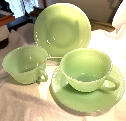 Jadite Jane Ray Fire King Cup Saucers Pair Older Mark Pre 50's Excellent