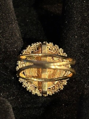Vintage 1945 Dos Pesos 22K Gold Coin in 14k Yellow Gold Ring Size