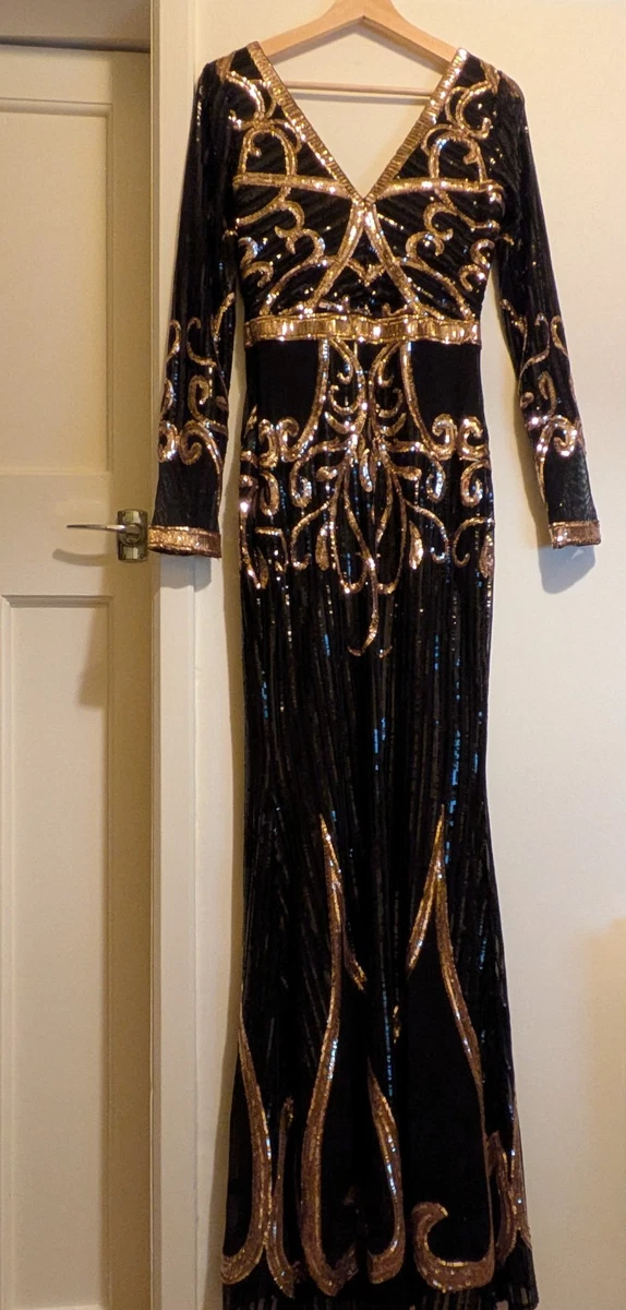 green emerald velvet dress Sequin High Neck Feather Cuff Maxi Dress - Black