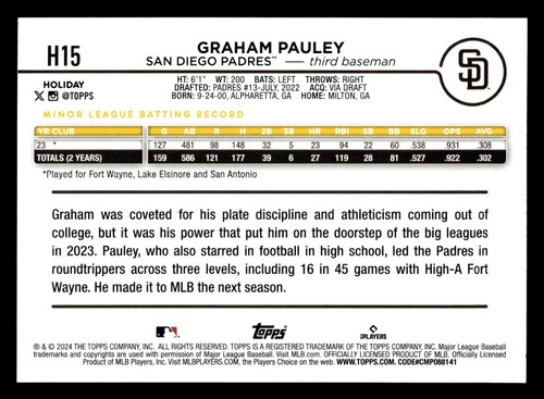 2024 Topps Holiday Graham Pauley #H15 RC San Diego Padres - Picture 2 of 2