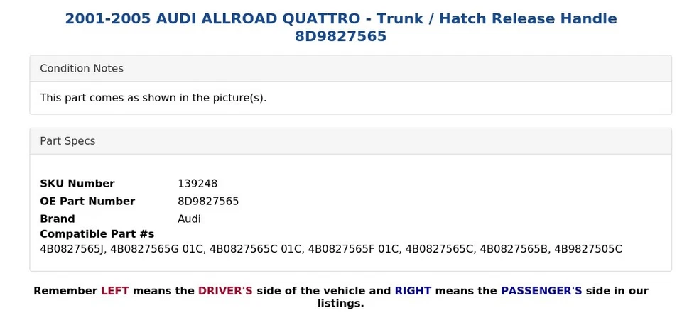 AUDI ALLROAD QUATTRO 2001-2005 - manija de liberación de maletero/portón 8D9827565 Foto 3 de 4
