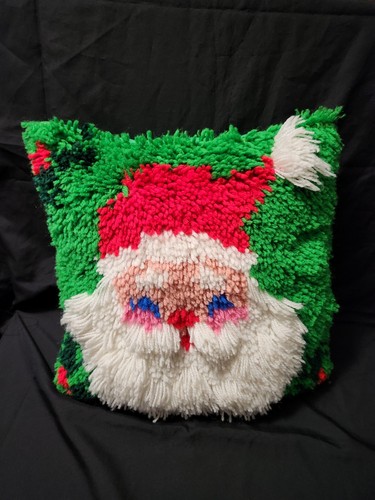 Vintage Handmade Latch Hook Santa Face Pillow Completed 14" Square