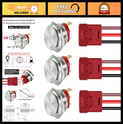 3 Pack 12V AC/DC Round Rocker Switches with LED Indicator, 20A, 22mm Mounting Ho