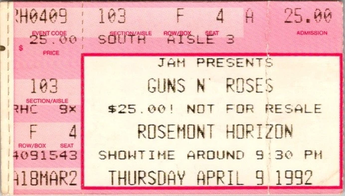 Guns N' Roses 1991年Izzyラストステージ チケット半券 Guns N Roses Ticket Stub for sale | eBay