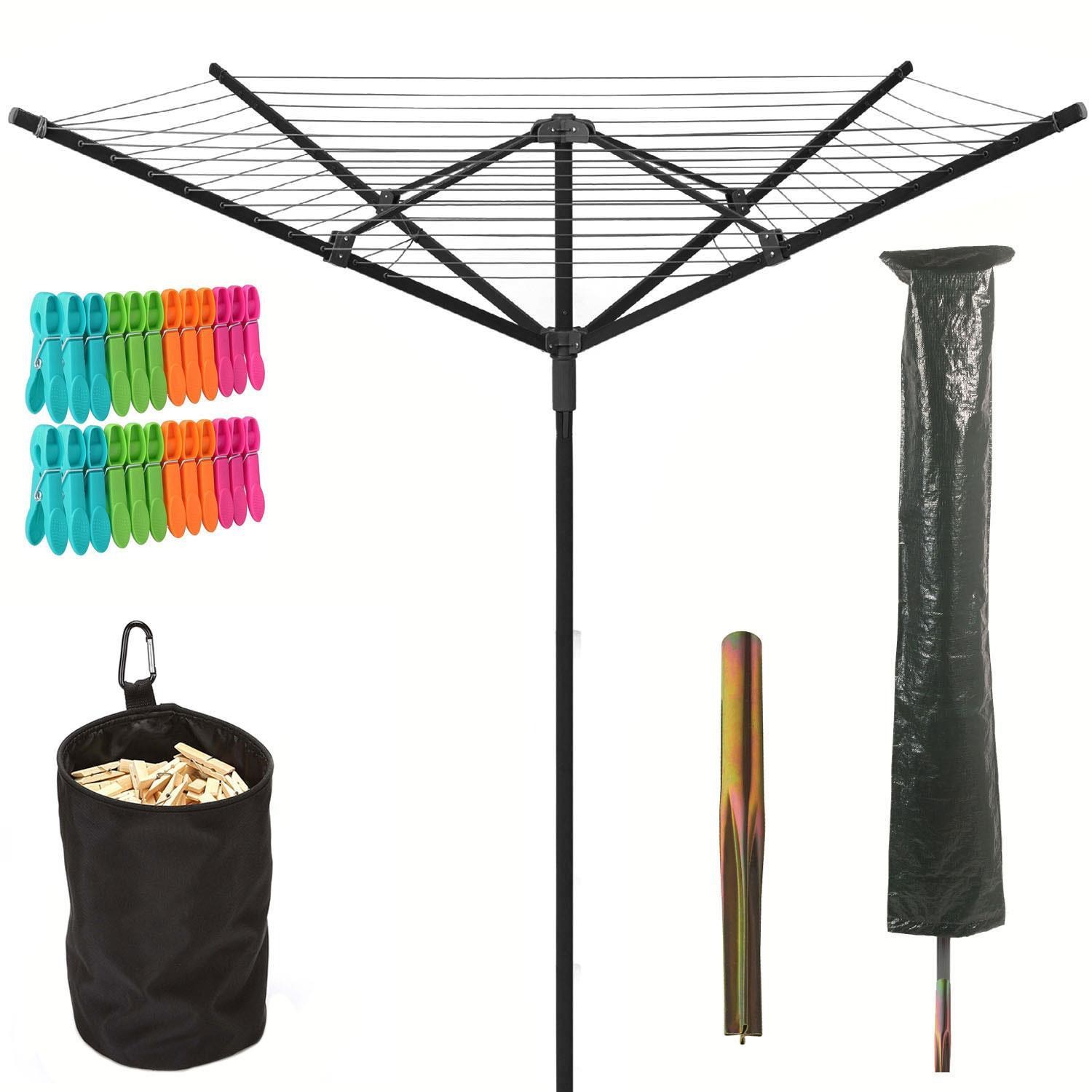 50m Rotary Washing Line 4 Arm Outdoor Clothes Dryer Airer w/ Ground Spike Cover
