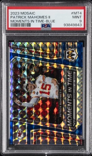 2023 PANINI MOSAIC MOMENTS IN TIME BLUE #MT4 PATRICK MAHOMES II 77/99 PSA 9