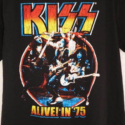 KISS Alive in '75 Graphic T-shirt L Slim Black Crew Neck Short Sleeve Cotton