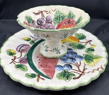 Vintage PV Italy Hand Painted Majolica Serving Plate Bowl 2pc Fruits Melon Pear