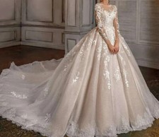 Champagne Wedding Dresses Applique Lace Long Sleeves Ball Bridal Gowns Custom