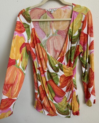 Y2K Cabi Tulip Floral Orange Wrap 3/4 Sleeve Top Size L