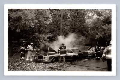 Fire Fighters w Destroyed Car RPPC Vintage Kowalak River Edge NJ Photo 1988