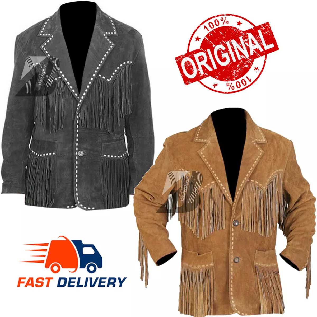 Men's Western American Style Brown/Black Suede Leather Jacket Fringe & Coat
